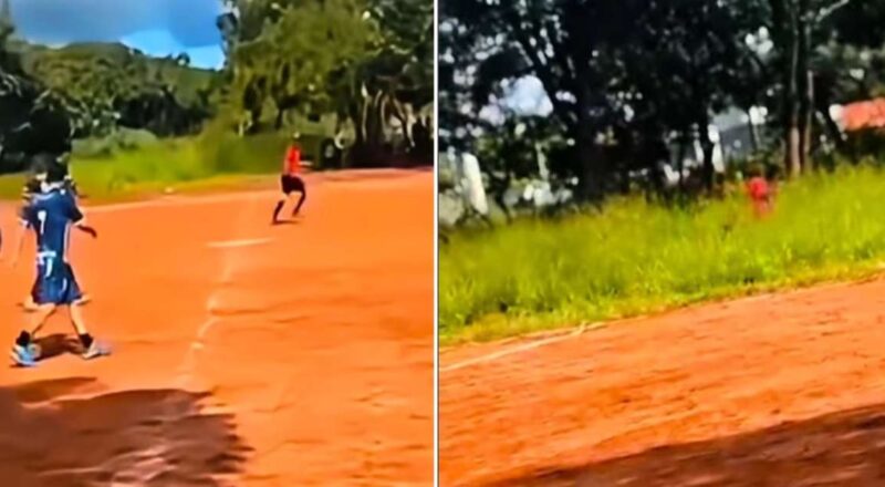 Jogador ameaçando árbitro com facão durante partida de futebol