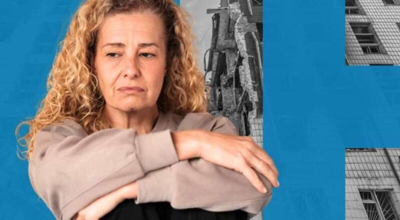 Pessoas em uma zona de guerra enfrentando bombardeios, ilustrações de emoções complexas.