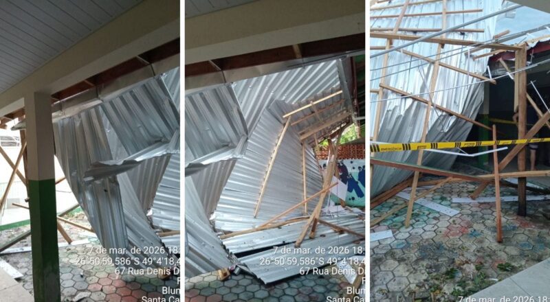Telhado da Escola Jonas Neves danificado pelo vendaval em Blumenau